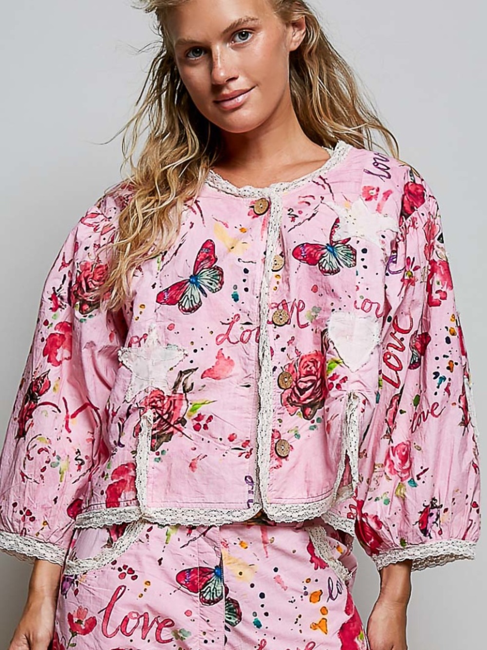 Pol Pink Mix Butterfly Star Love Floral Print Button Down Lightweight Jacket - Picture 2 of 6
